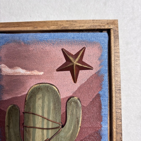 Mixed Media Art Saguaro Cactus Tan Mauve Sunset Star Desert Wood Southwest 6 x 8 - Picture 5 of 8